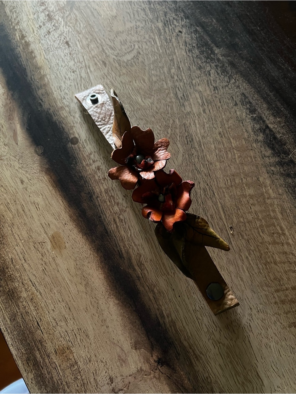 Handmade Brown Leather Floral Bracelet with Copper-Tone Flowers